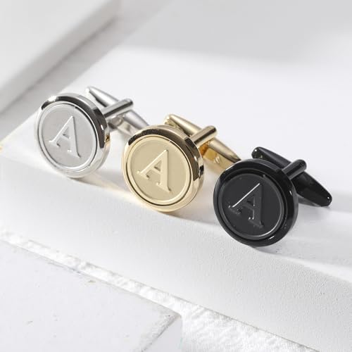 Initial Letter A-Z Cufflinks for Men Silver/Gold/Black Cufflinks 26 Alphabet Letter Copper Cufflinks for Formal Occasions Gifts Anniversary Business Wedding for Bridegroom Groomsmen - size: Gold, style: Initial: A