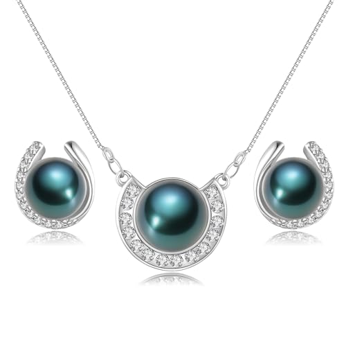 YAMI Pearl Jewelry Set for Women, Natural Cultured Pearl Necklace&Earrings | 11-12mm Pearl, 925 Sterling Silver with 5A Cubic Zirconia, Wedding Jewelry Sets, Valentine's Day/Mother's Day/Christmas Gift - color: Black