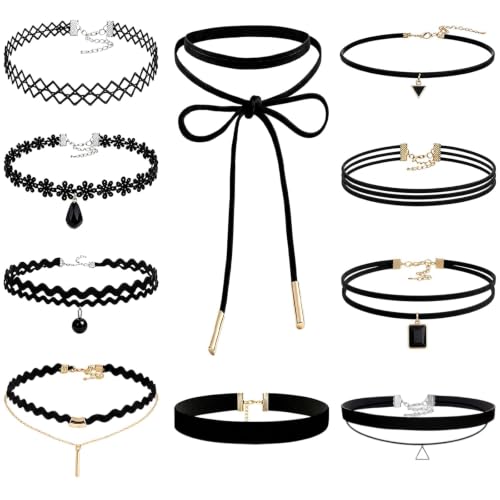 10PCS Choker Necklace - Black Gothic Y2k Tattoo Chokers - Velvet Leather Lace Chocker Set - Adjustable Stretchy Layered Collar Necklace