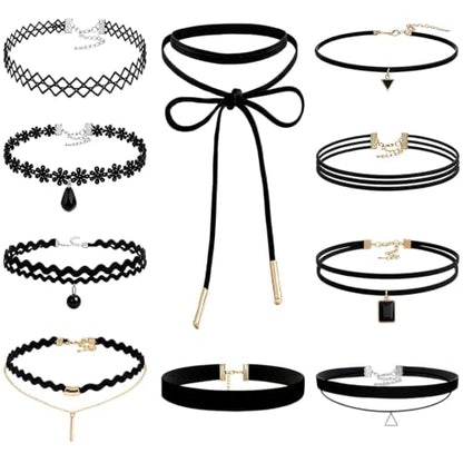 10PCS Choker Necklace - Black Gothic Y2k Tattoo Chokers - Velvet Leather Lace Chocker Set - Adjustable Stretchy Layered Collar Necklace