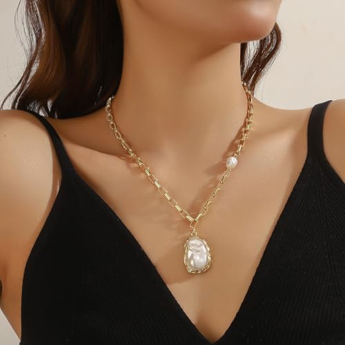 Chunky Pearl Necklaces for Women Chunky Baroque Pearl Beaded Gold Chain Link Pearls Pendant Necklace White Pearls Necklace Valentine's Day Jewelry Gifts Party Prom Birthday Outfits Accessorie - style: Gold Chain, Pearl Pendant