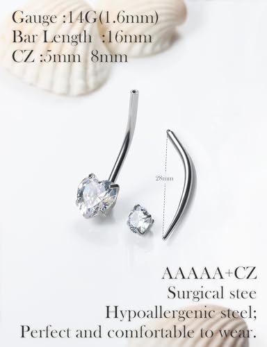 Oufksiyy Long and Extra Long Bar Belly Button Ring Internal Thread Hypoallergenic Surgical Stainless Steel 14mm 16mm 14 Gauge Navel Rings Cubic Zirconia Buuton Body Piercing Jewelry for Women Men - color: Double Heart Cubic Zirconia 16MM