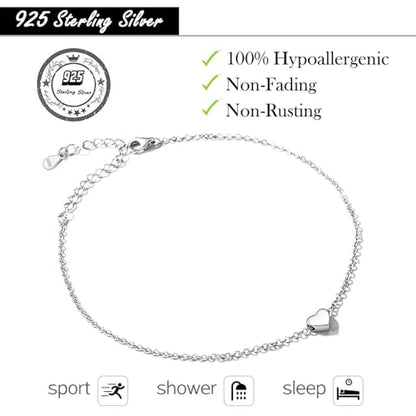 ChicSilver Personalized 925 Sterling Silver Tiny Heart/Moon/Star/Sun/Dot/Triangle Anklets Simple Dainty Foot Jewelry for Women, Silver/Gold Plated/Rose Gold Plated - style: Silver Heart Custom