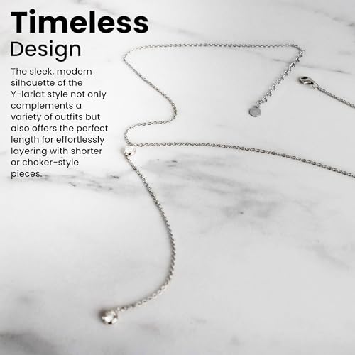 Faire de la Mode Dainty Drop Lariat Necklace for Women, 16" to 18" Adjustable Length Double CZ Lariat Y Necklace - color: Silver