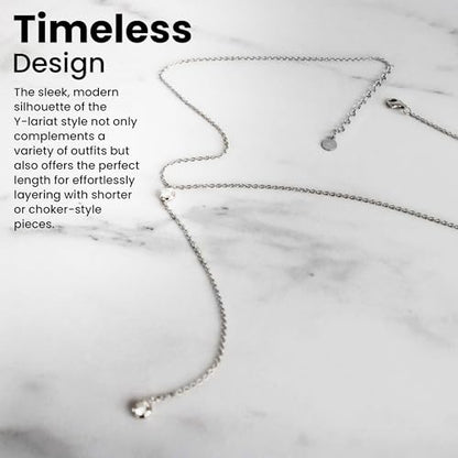 Faire de la Mode Dainty Drop Lariat Necklace for Women, 16" to 18" Adjustable Length Double CZ Lariat Y Necklace - color: Silver
