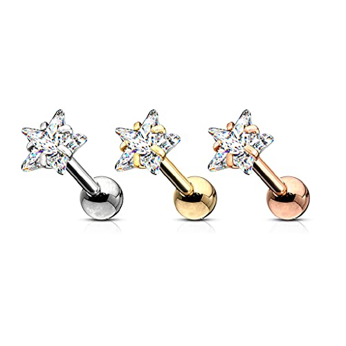 Pierced Owl - 16GA Prong Set Shining Star 316L Surgical Stainless Steel Labret Monroe Lip Cartilage Helix Tragus Conch Ear Lobe Barbell Stud - style: Gold tone/Clear