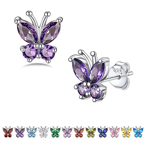 Bestyle Gold Butterfly Earrings for Women, Dainty Cute Birthstone Studs Hypoallergenic Jewelry, Great Birthday Gift - style: 02.February (Amethyst)-STUD