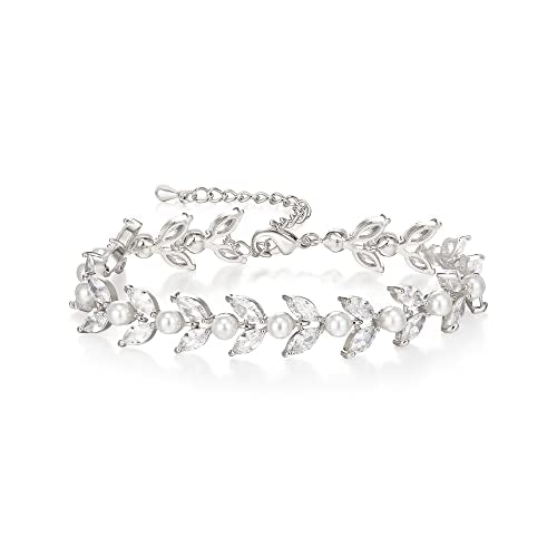 EVER FAITH Gorgeous Cubic Zirconia Pearl Wedding Link Bracelet for Bride | Marquise Teardrop Crystal Bridal Prom Jewelry, for Women Bridesmaids - style: Marquise_Clear Silver-Tone