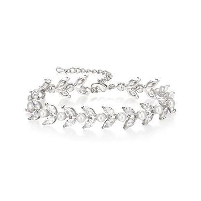 EVER FAITH Gorgeous Cubic Zirconia Pearl Wedding Link Bracelet for Bride | Marquise Teardrop Crystal Bridal Prom Jewelry, for Women Bridesmaids - style: Marquise_Clear Silver-Tone