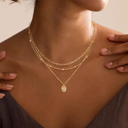 Layered Necklaces for Women, Simple Gold Necklace Stack Dainty 14K Gold Plated CZ Disc Pendant Necklace Set Non Tarnish Gold Jewelry Gifts - color: Gold-Paperclip+Beaded+Sun