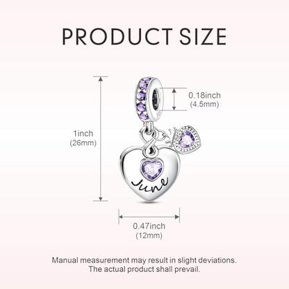 BLUELUNE Birthstone Charms, 925 Sterling Silver Dangle Charm with 5A Cubic Zirconia for Bracelets or Necklaces, Birthday, Mother's Day Present for Women - color: June