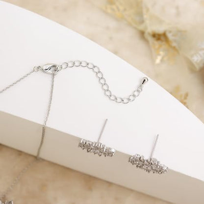 Gold Silver Stud Earrings Pendent Necklace Sets for Women, Dainty Rhinestone Crystal Necklace Earing Jewelry Set Wedding Accessories Fashion Holiday Gift - color: snowflakesilver