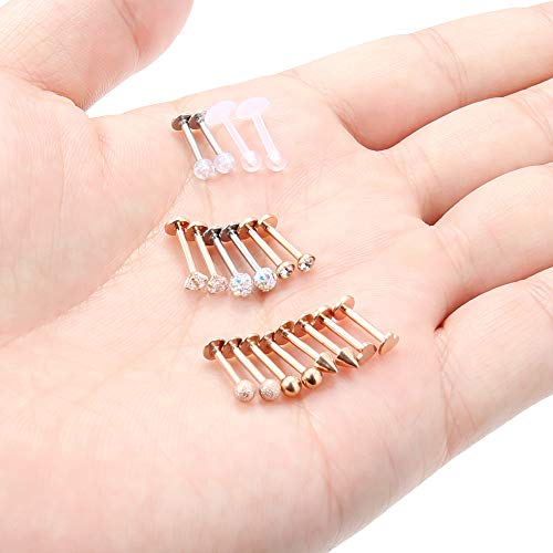 SCERRING 9 Pairs 16g Stainless Steel Clear Cubic Zirconia Labret Monroe Lip Tragus Cartilage Helix Earring Ring Body Piercing Jewelry 8mm - color: 9 Pairs - Rose Gold