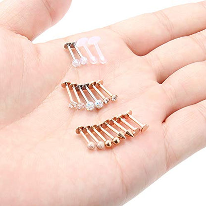 SCERRING 9 Pairs 16g Stainless Steel Clear Cubic Zirconia Labret Monroe Lip Tragus Cartilage Helix Earring Ring Body Piercing Jewelry 8mm - color: 9 Pairs - Rose Gold