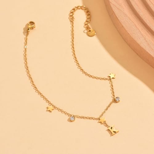Initial Anklet for Women, 18K Gold Plated Waterproof Ankle Bracelet, Star CZ Letter A-Z Personalized Beach Foot Jewelry - color: B