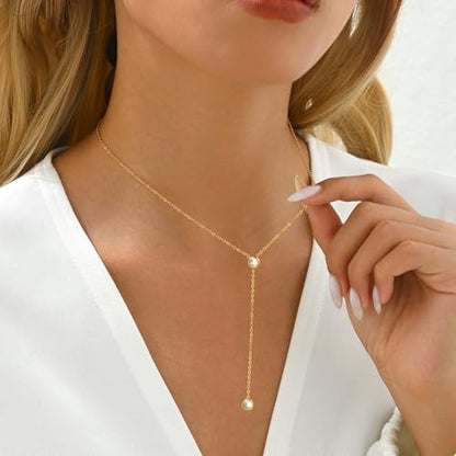 Dainty 18K Gold Plated Lariat Necklace for Women Delicate Y Chain Rose Pearl Diamond Long Drop Necklace Layering Bridal Jewelry Gift - color: 2 CZ-Gold