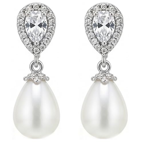 Mariell Pearl Bridal Wedding Drop Earrings with CZ Crystals for Brides, Bridesmaids, Birthday Gift - color: Silver - Clear Cubic Zirconia