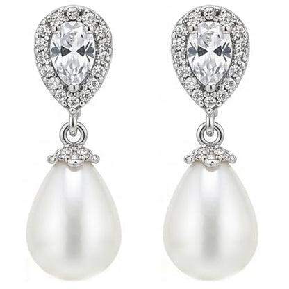 Mariell Pearl Bridal Wedding Drop Earrings with CZ Crystals for Brides, Bridesmaids, Birthday Gift - color: Silver - Clear Cubic Zirconia