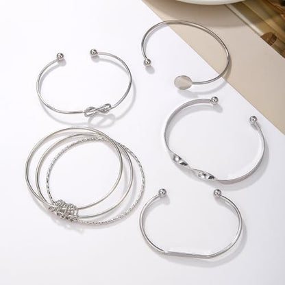 Rrdaily 14k Gold Plated Bangle Bracelet Set for Women,Silver Stackable Multi-Layer Circle Charm Bracelet,Trendy Simple Layered Non Tarnish Cuff Bracelet - color: Silver