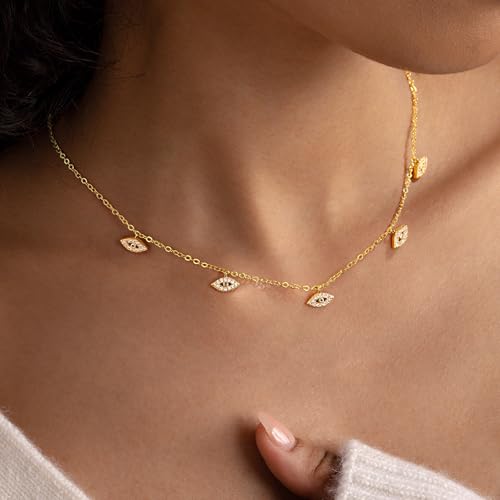 Ursteel 14K-Gold-Plated Necklace for Women Girls, Cute Daisy Pearl Necklace for Girls Clover Butterfly Cubic Zirconia Flower Evil Eye Station Necklaces for Women Teen Girl Gifts - color: Evil Eye Zircon
