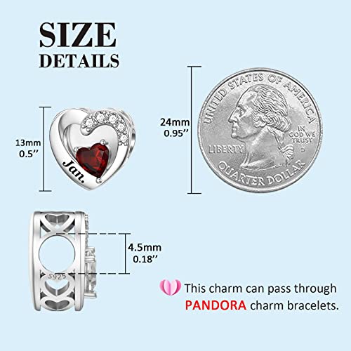 SEVENWELL Jan-Dec Birthstone Charms for Pandora Bracelets, Heart Charm | Fits Most European Charm Bracelets, Sparkling Heart CZ, Birth Flower Engraved, Gift Ready, Nickel-Free - color: January Birthstone Charm
