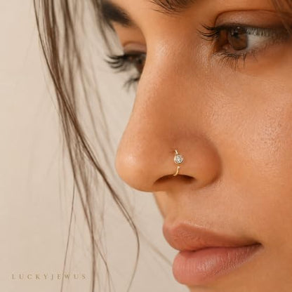 LUCKYJEWUS 14K Gold Plated 925 Sterling Silver CZ Diamond Nose Ring Hoop for Women -Dainty Small Thin Nose Piercing Jewelry with Tiny CZ Stud, 20G/22G, 6mm/7mm/8mm - size: 1pc - 7mm 20 gauge