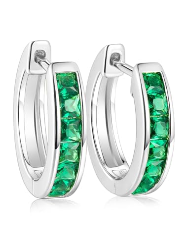 Chunky Emerald Sapphire Ruby Hoop Earrings, Princess or Round Cut, 14k Yellow Gold Plated Sterling Silver Cubic Zirconia Huggie Earings Minimalist Hoops Earrings for Women Wedding Daily Birthday - style: Princess cut -Emerald -Silver