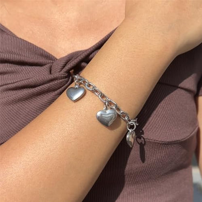 Stainless Steel Heart Charms Bracelet for Women | Chain Tassel, Love Charms, Chunky Link, Romantic Gift - color: Silver