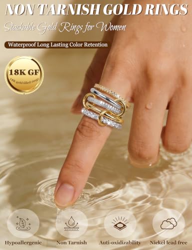 18K Gold Plated Stackable Rings for Women CZ Mixed Metal Statement Rings Set Non Tarnish Interlocked Stacked Ring Unique Connected Band Thumb Ring Fashion Multi-layer Wedding Ring Jewelry Size 6-10 - style: Gold Style C