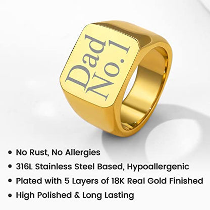 GoldChic Jewelry Personalized Signet Rings Men Women, Stainless Steel Custom Photo Bold Square/Oval Monogram/Old English Initial Pinky Stacking Statement Ring in Black/Silver/Gold (Size 7-14) - color: Gold-Custom - Square