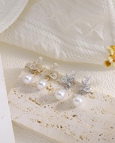 Pearl Earrings for Women, 14k Gold Plated Trendy Diamond Pearl Drop Earrings Bridal Shower Gifts Wedding jewelry for Women - color: Style J Silver