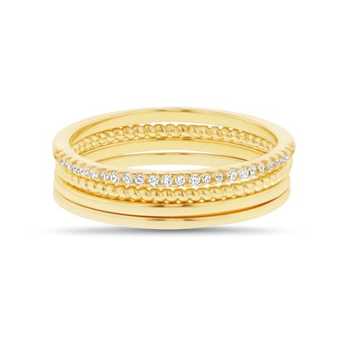 Waterproof Stacking Ring Set 14K Yellow Gold Plated Brass Cubic Zirconia Band Rings for Women Four Piece