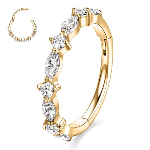 FUNLMO 316L Surgical Steel Nose Ring Septum Ring Cube Zircon Cartilage Earring Conch Tragus Helix Rook Daith Piercing Jewelry - style: 16G 8mm, Gold,horse eyes round CZ