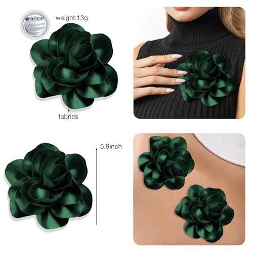 2Pack 6inch Extra Large Satin Brooches Lapel Pins Dainty Elegant Fabric Camellia Rose Flower Brooch Pin for Women Wedding Part Dance Clothes Accessories Jewelry - color: Green