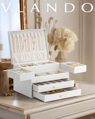 VLANDO Jewelry Box,4-Layer Design with Retractable Tray and 2 Drawers, White - color: D.White, size: 4-Layer