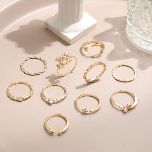 Gold Stackable Ring Set for Women, Dainty Fashion Rings Set with Pearl, Crystal, Heart, Bow and Wave Design, Trendy Midi Finger Rings Jewelry Gift - color: A3