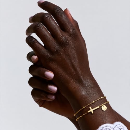 Cross Bracelet Set for Women, 18K Gold Plated Stainless Steel, Minimalist Cross & Initial Letter Charm, Adjustable Layered Bracelets with Gift Box and Inspirational Cards - style: Initial-A