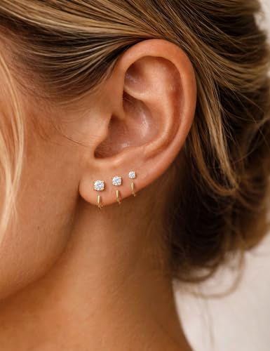 Freekiss 3 Pairs Backless Half Hoop Earrings Set for Women | 14K Gold Plated CZ Stay Close Hoop Earrings, Hypoallergenic Huggie Stackable Earring for Everyday & Sleep Wear Jewelry Gift - color: Round CZ-GD