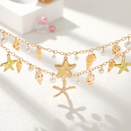 XZQTIVE Starfish Pearl Waist Chain Belts for Women Mermaids Seashell Pearl Belly Chain Gold Pirate Rave Festival Summer Bikini Beach Jewelry Accessories - style: Starfish-3
