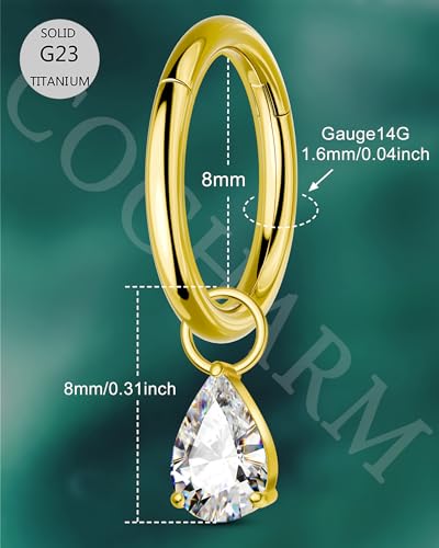 COCHARM Titanium Clicker Hoop Belly Button Ring, 8mm 14G Teardrop Belly Navel Ring, Dangling Hoop Belly Piercing Jewelry Nickel Free - color: Gold-Clear CZ