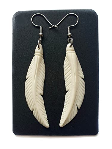 Hand Carved Bone Feather Dangle Drop Boho Tribal Earrings FA026 | Handcrafted 2.4" Feather Authentic Ox Bone Earrings, Handmade Lightweight Bohemian Tribal Fashion Jewelry Gift for Women