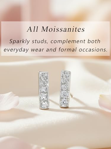 All Moissanites Sparkly Geometric Stud Earrings for Women, Solid 925 Sterling Silver with Rhodium/Gold Plated Hypoallergenic, Lightweight Comfy Earrings - color: Bar - White Gold