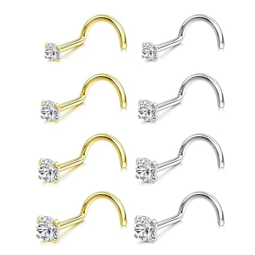 Incaton 20G Stainless Steel Nose Rings for Women Nose Rings Hoops L Shaped Nose Studs Screw Nose Piercing Jewelry for Women Men Silver Rose Gold Black Rainbow - color: 8P SCREWS GOLD + SILVER