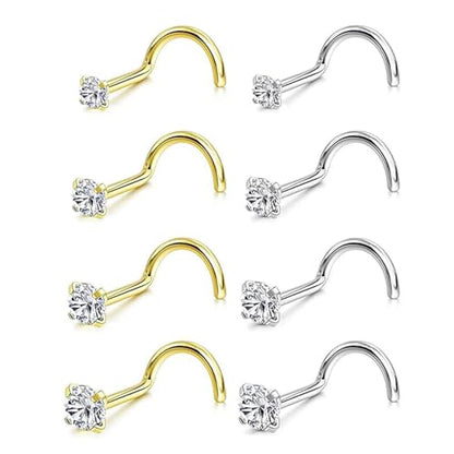 Incaton 20G Stainless Steel Nose Rings for Women Nose Rings Hoops L Shaped Nose Studs Screw Nose Piercing Jewelry for Women Men Silver Rose Gold Black Rainbow - color: 8P SCREWS GOLD + SILVER
