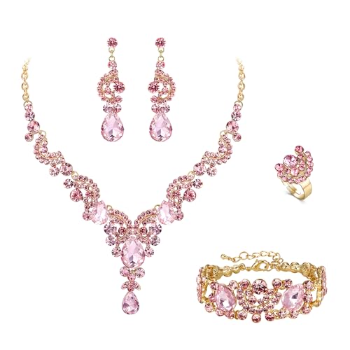 EVER FAITH Rhinestone Crystal Bridal Floral Wave Teardrop Necklace Earrings Set - color: 4pcs_Pink