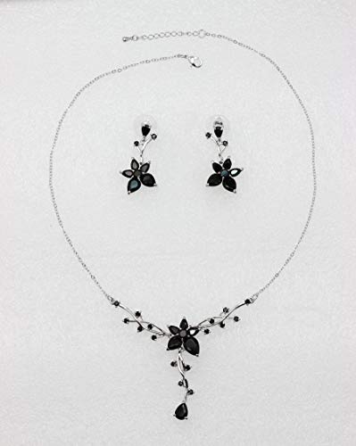 Faship Gorgeous CZ Crystal Floral Necklace Earrings Set - color: Black