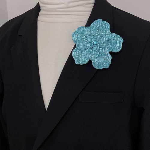 Rhinestone Flower Brooch Pin for Women Men Elegant Sparkly Crystal Camellia Floral Lapel Pins Shawl Dress Suit Clothes Accessories Wedding Party Fashion Jewelry 105mm - color: Lake Blue