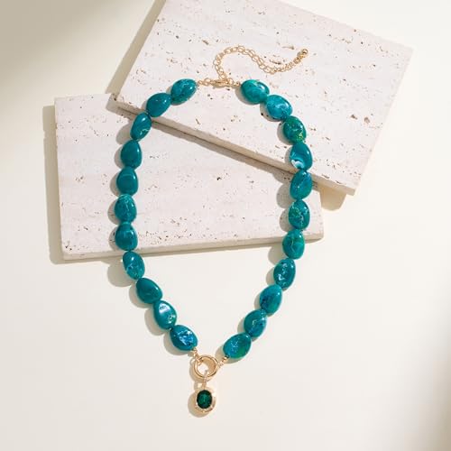 Chunky Colorful Bead Necklace Summer Fashion Statement Boho Beaded Chunky Necklace for Women Adjustable Length Lightweight Cool Suitable for Beach Vacation Daily Wear & Summer Parties - color: Green-A