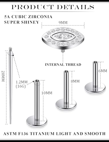 16G Astm F136 Titanium Internal Thread Flat Back Earrings Nose Studs Tragus Forward Helix Conch Cartilage Lobe Earrings Stud Medusa Labret Monroe Lip Ring Piercing Jewelry For Women Men - size: 16G--Style K