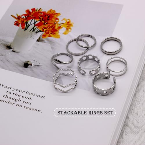 17PCS Silver Knuckle Rings for Women Stainless Steel Rings Set Midi Stackable Rings Simple Smooth Finger Rings Silver Adjustable Rings Jewelry Gift - color: 17pcs/B